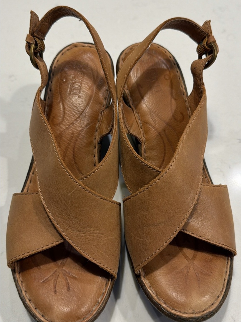 Born Brown Leather Cross-Strap Wedge Sandals